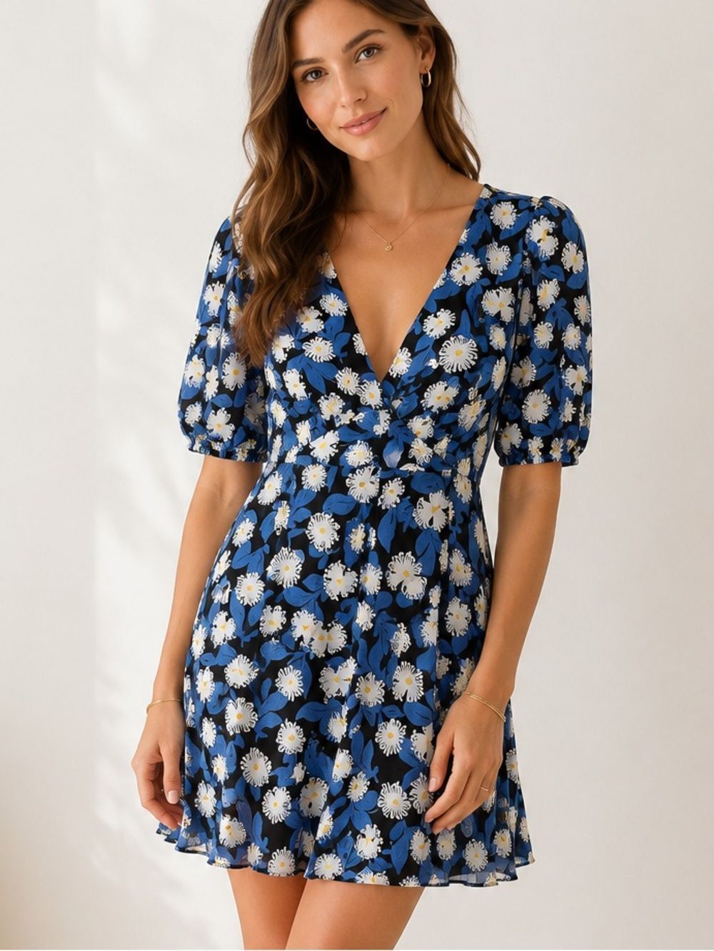 STAUD Blue Multi Floral V-Neck Puff Sleeve Fit & Flare Midi Dress Size 6